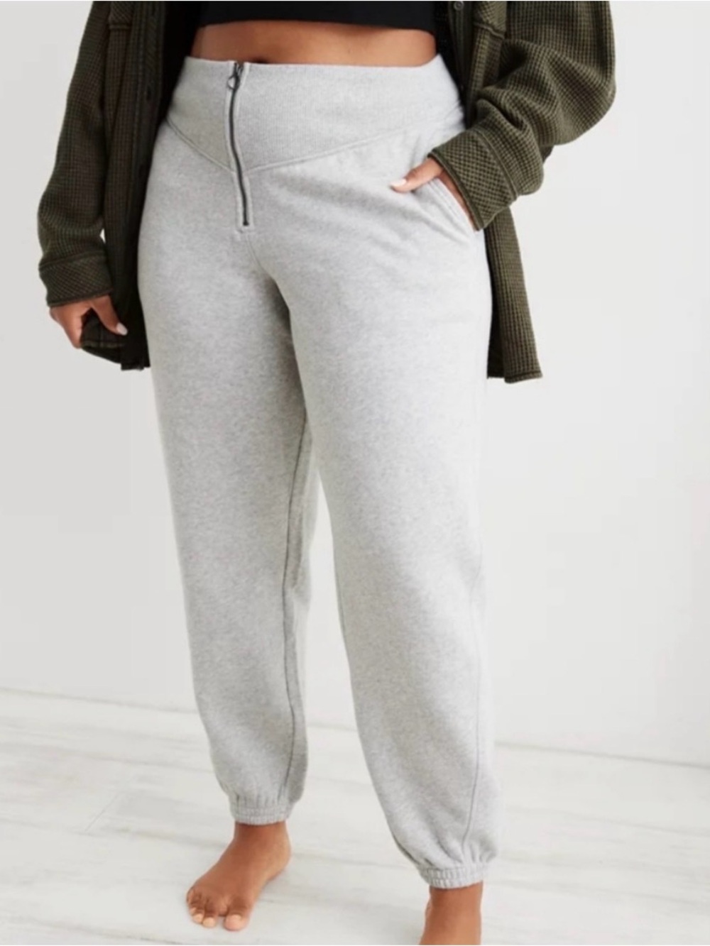 AERIE Fleece Corset Jogger Zip Front Sweatpants in Heather Gray Size L